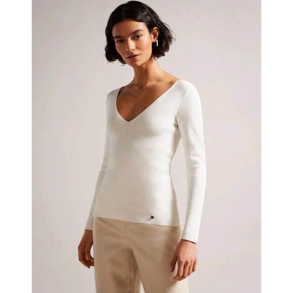 Ted Baker Cileste Fitted V Neck Knit Top Ling Sleeve Sz 8 Ivory - Picture 1 of 8